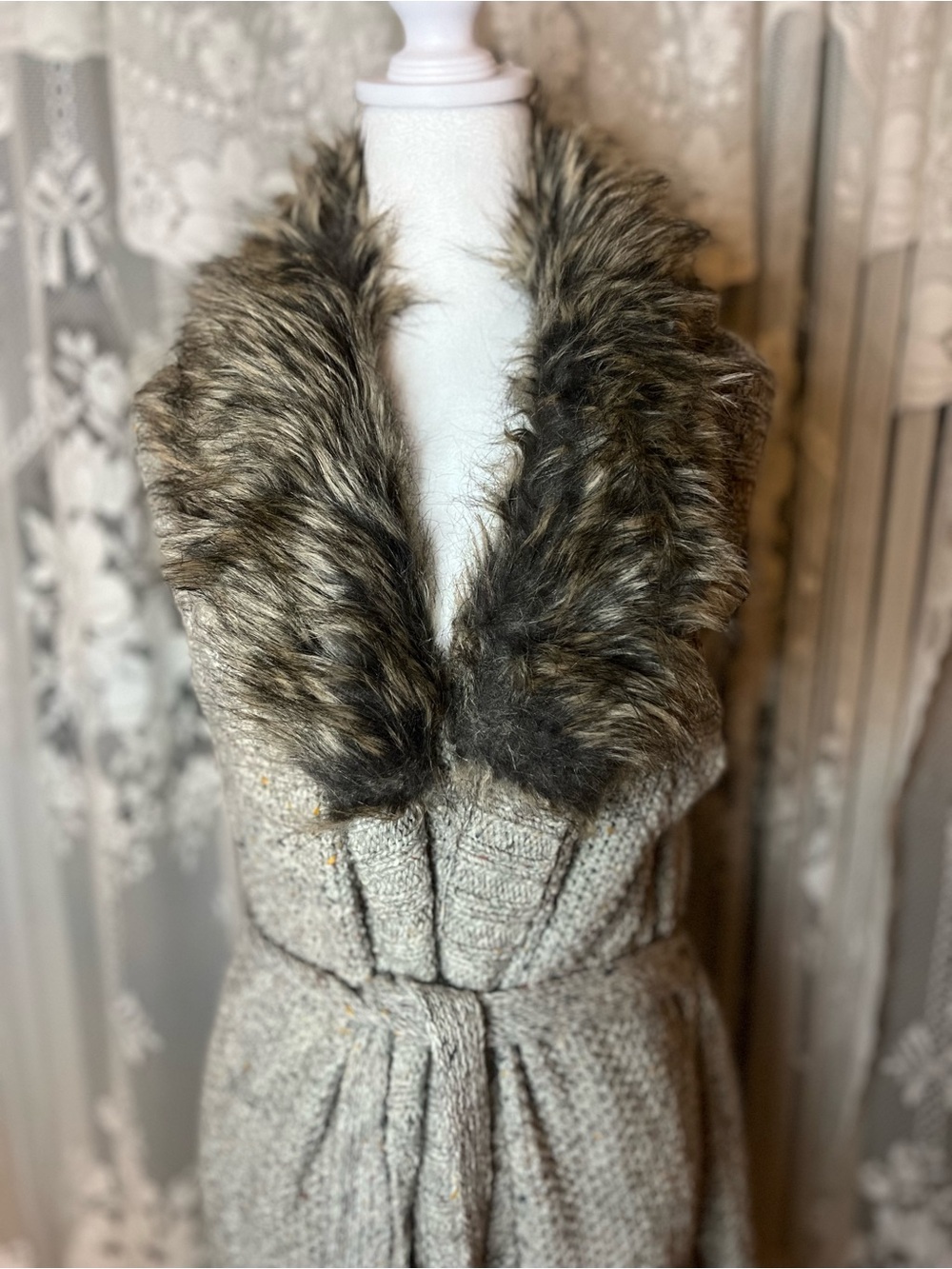 Plus Size Kismet Neutral Speckled Knit Cardigan with Faux Fur Trim